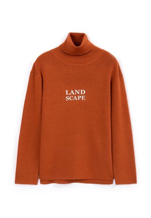 Oranje coltrui sweater gemaakt van geribd materiaal, met een witte "LAND SCAPE" afbeelding gecentreerd op de voorkant. Eenvoudig, ontspannen pasvorm ontwerp.