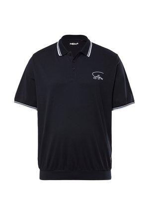 Polo nero a maniche corte, con dettagli bianchi sul colletto e sui polsini, e un piccolo logo ricamato sul petto.