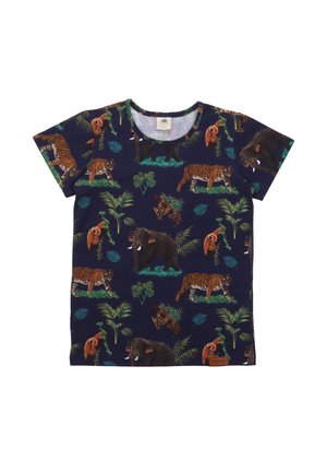 Navy blue short-sleeve shirt with patterns of tigers, elephants, leopards, sloths, and green tropical leaves.