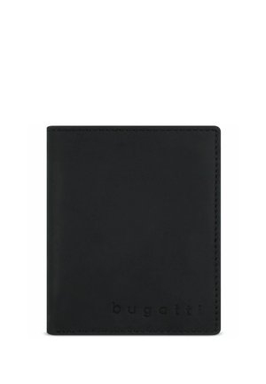 Schwarze Lederbrieftasche mit glatter Textur. Verfügt über genähte Kanten und ein geprägtes "bugatti"-Logo am Boden für ein minimalistisches Design.