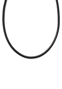 Svart flätad läderhalsband med en mjuk yta, utformat i en cirkulär form, utan synlig hårdvara eller accenter.