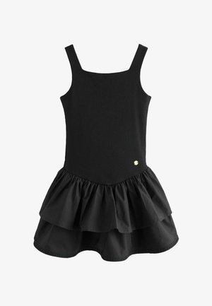 Čierne šaty bez rukávov s priliehavým rebrovaným živôtikom, štvorcovým výstrihom a viaczvrstvovou volánikovou sukňou, s malým zlatým okrúhlym logom na páse.