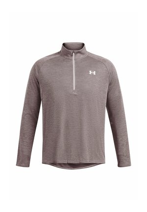 Grijze langemouwen kwart-rits pullover met een gestructureerd patroon en een voorkeursrits. Heeft een wit logo op de linkerkant van de borst.