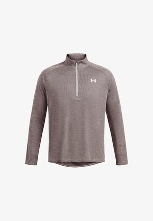 Grijze langemouwen kwart-rits pullover met een gestructureerd patroon en een voorkeursrits. Heeft een wit logo op de linkerkant van de borst.