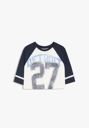 T-shirt de baseball à manches longues pour enfant avec des manches bleu marine et un corps blanc, avec "DETROIT" et un grand numéro 27 en style usé.