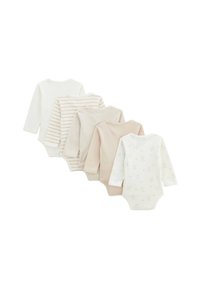 Cinq bodies pour bébé à manches longues, présentant des couleurs blanche, beige et rose pâle, avec des rayures et des motifs d'animaux. En coton doux.