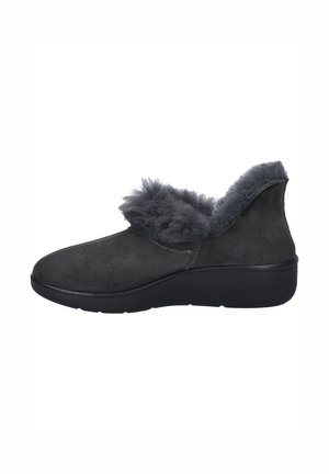 Gray suede ankle boots with a plush gray fur collar, rounded toe, and a thick black outsole. Side view highlights the soft texture.