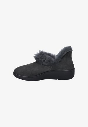 Gray suede ankle boots with a plush gray fur collar, rounded toe, and a thick black outsole. Side view highlights the soft texture.