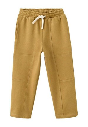 Hellbraune Baumwoll-Fleece-Hose mit elastischem Bund und weißem Kordelzug, ausgestattet mit Seitentaschen und aufgenähten Kniepatches.