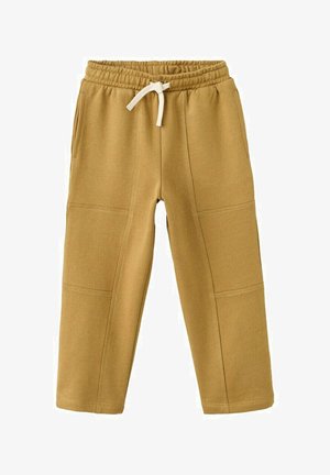 Smeđe svijetle hlače od pamučnog flisa s elastičnim pojasom i bijelim vezicama, s bočnim džepovima i zašivenim zakrpama na koljenima.