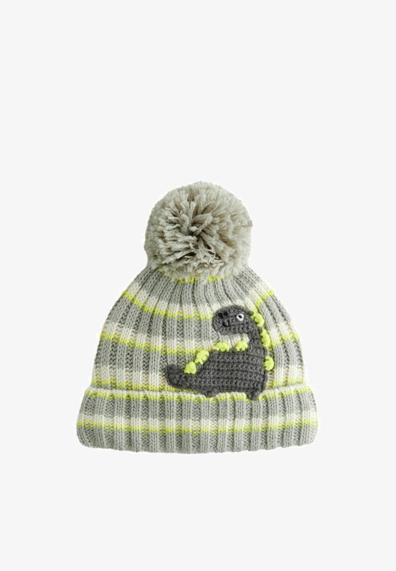 Berretto lavorato a maglia grigio con un motivo a strisce gialle e bianche. Presenta un dinosauro grigio testurizzato sul davanti e un pom-pom grigio soffice sulla parte superiore.