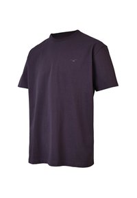 Purple cotton T-shirt with a round neck, short sleeves, and a subtle embroidered logo on the left chest. Smooth texture, casual fit.