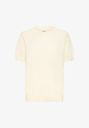 Krótki rękaw, kremowy sweter wykonany z miękkiego, teksturowanego materiału. Posiada okrągły dekolt i lekko bufiaste rękawy.