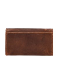 Billetera de cuero marrón con costuras visibles a lo largo de los bordes, rectangular y cerrada, fotografiada sobre fondo blanco.