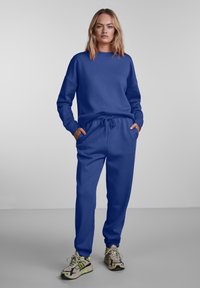 Blue sweatshirt and matching sweatpants made from soft fabric. Sweatpants have an elastic waistband and pockets; paired with sneakers.