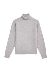 Maglione a collo alto grigio chiaro, texture a coste, vestibilità lunga, maniche lunghe, orlo dritto, realizzato in un morbido tessuto a maglia.