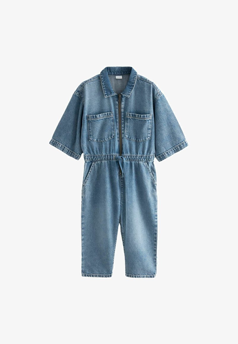 Denim jumpsuit in lichtblauw, korte mouwen, ritssluiting aan de voorkant, trekkoord in de taille, twee borstzakken en twee zijzakken, met een ontspannen pasvorm.