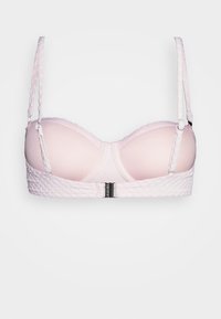 Sutiã rosa claro com copos almofadados, design estruturado e textura trançada na banda. Alças ajustáveis e detalhe em fecho metálico.