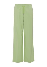 Světlé zelené kalhoty s širokými nohavicemi, elastickým pasem a šňůrkou na stažení. Hladký materiál s volným střihem a bez viditelných vzorů nebo dekorací.