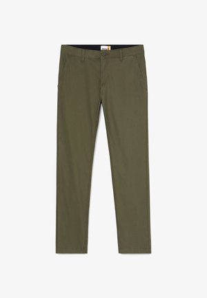 Olive green pants made of cotton with a slight sheen; features side pockets, a button front, and a straight-leg cut.