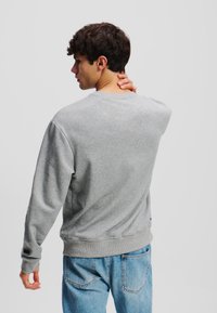 Felpa grigia con scollo rotondo, polsini e vita a costine. Tessuto morbido. Modello di spalle, indossa jeans blu. Design semplice.