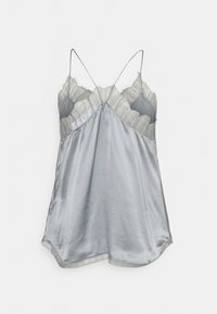 Silkeslinga i ljusgrått med volangspets vid halsringningen och justerbara spaghettiband, med en slät och mjuk textur.