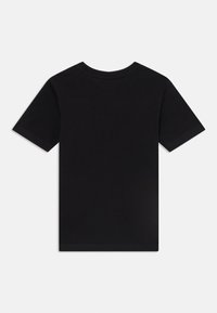 Plain black t-shirt with short sleeves, featuring a crew neckline and no visible design or logos, set against a white background.