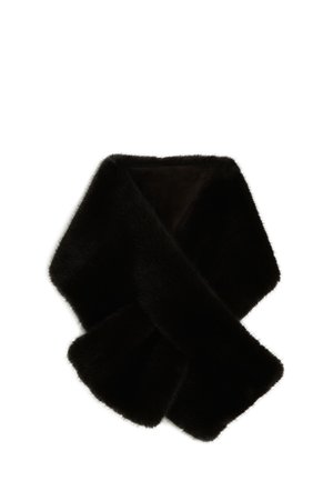 Écharpe en fausse fourrure noire, présentant une texture lisse avec un intérieur doux, de forme rectangulaire, et des bouts croisés pour un ajustement sécurisé.