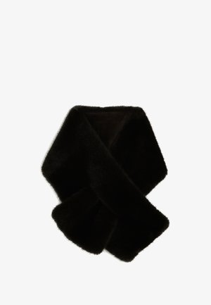 Bufanda de piel sintética negra, con una textura suave y un interior blando, forma rectangular y extremos cruzados para un ajuste seguro.