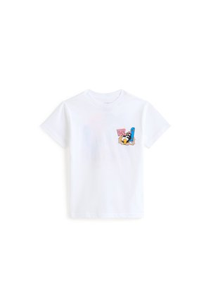 White cotton t-shirt with short sleeves, featuring a colorful graphic print on the left chest area and a round neckline.