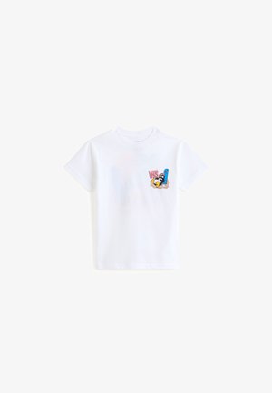 White cotton t-shirt with short sleeves, featuring a colorful graphic print on the left chest area and a round neckline.