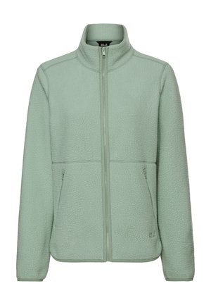 Giacca in pile verde chiaro con colletto alto, zip completa e due tasche frontali. Presenta un tessuto strutturato e un design a vestibilità rilassata.