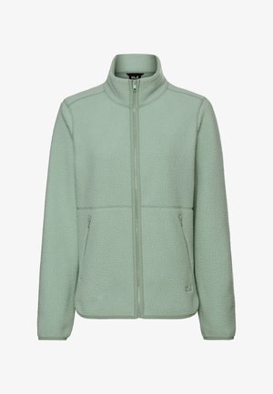 Giacca in pile verde chiaro con colletto alto, zip completa e due tasche frontali. Presenta un tessuto strutturato e un design a vestibilità rilassata.