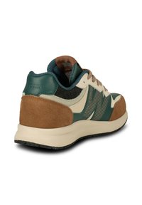 Sneaker with a green leather upper, beige mesh paneling, and brown suede accents. Features a textured heel and rubber outsole.
