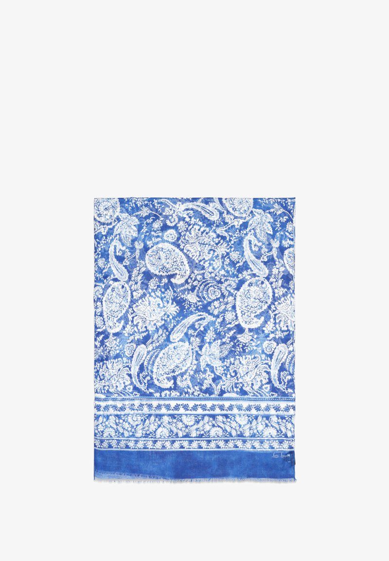 Mėlynas raštuotas šalikas su baltais gėlių ir paisley raštais, su kutais kraštuose ir tvirtu mėlynu apatiniu kraštu. Lengvas audinys.