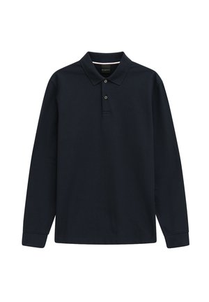 Marineblaue Langarm-Polohemd mit Kragen, zwei Knöpfen und dezentem Logo auf der linken Brust.