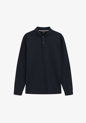 Navy blue long-sleeve polo shirt with collar, two buttons, and subtle logo on the left chest.
