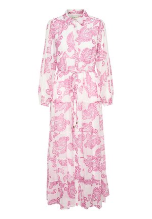 Langes, knopfbares Kleid aus durchsichtigem weißem Stoff mit rosa Paisleymuster. Verfügt über einen Bindegürtel und lange Ärmel.
