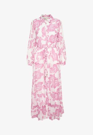 Pitkä, napilla varustettu mekko läpinäkyvästä valkoisesta kankaasta, jossa on vaaleanpunainen paisley-kuvio. Varustettu nauhavyöllä ja pitkillä hihoilla.