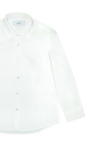 White button-up shirt made of smooth fabric, featuring a classic collar, long sleeves, and a small logo on the chest.
