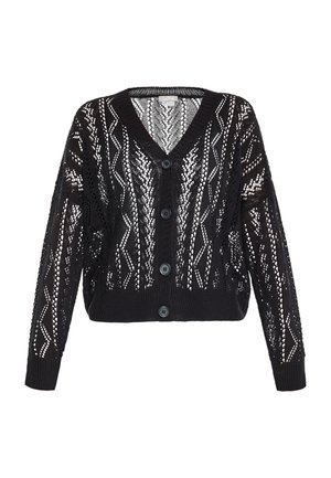 Cardigan negro de punto con escote en V, que presenta un patrón de encaje y seis botones en el frontal. Mangas largas y longitud cropped.