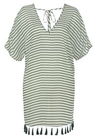 Gestreepte groen-witte tuniek met een V-hals en een striksluiting op de rug. Heeft korte mouwen en decoratieve franje aan de zoom.