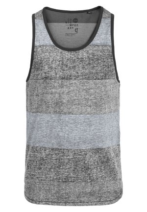 Šedý a modrý pruhovaný tielko s okrúhlym výstrihom, vyrobené z mäkkej látky. Obsahuje horizontálne pruhy v rôznych odtieňoch šedej a modrej.