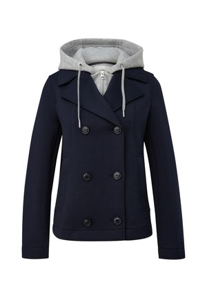 Veste croisée bleu marine à six boutons avec sweat à capuche gris clair intégré, doté de cordons de serrage et d'une fermeture éclair frontale.