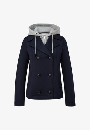 Veste croisée bleu marine à six boutons avec sweat à capuche gris clair intégré, doté de cordons de serrage et d'une fermeture éclair frontale.