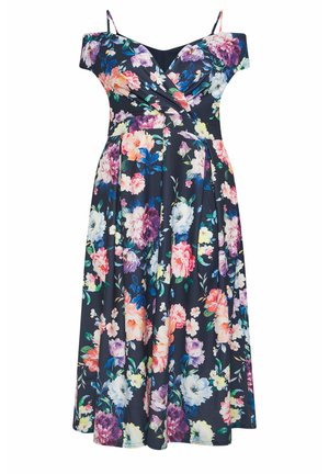 Vestido midi azul marino con finos tirantes al hombro, cuerpo de estilo cruzado y estampado floral grande multicolor en rosa, blanco, púrpura y verde.