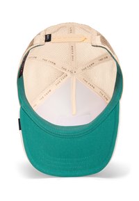 Cap with a turquoise brim, cream mesh back, and beige interior. Features "THE FARM" text along the interior straps. Adjustable clasp included.