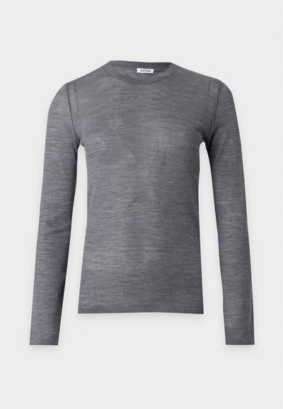 Pull gris à manches longues avec col rond, texture fine et lisse en maille et petite étiquette de marque au niveau de l'encolure.