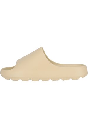 Lys beige slide sandal med en glat, mat finish. Har design med åben tå og en tekstureret, rillede sål for godt greb.