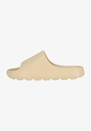 Lys beige slide sandal med en glat, mat finish. Har design med åben tå og en tekstureret, rillede sål for godt greb.